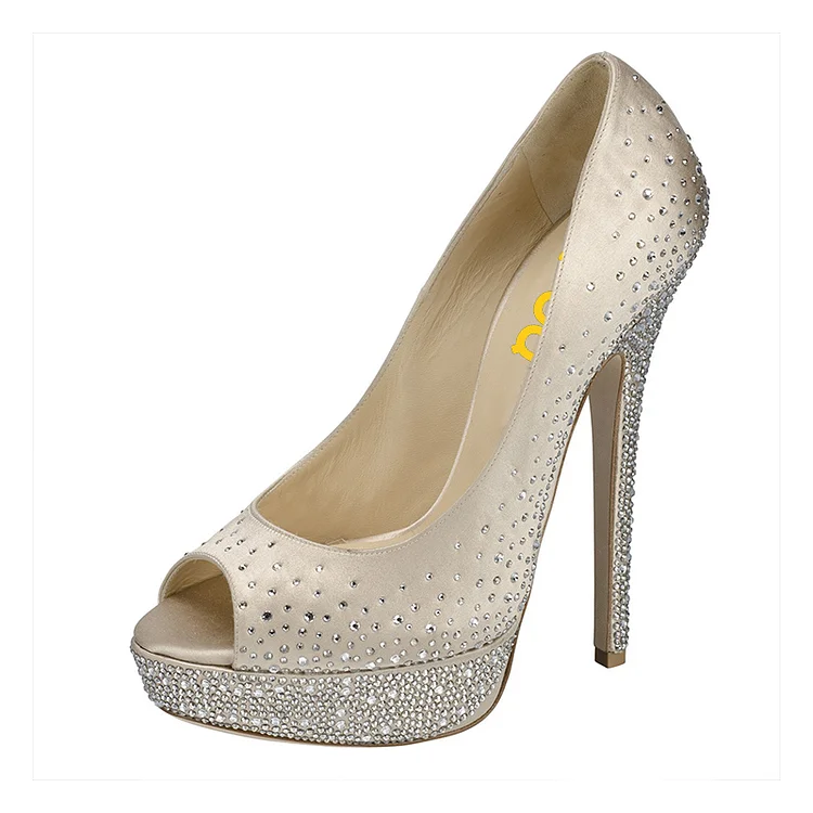 Beige Rhinestone Platform Heels Wedding Shoes Peep Toe Stiletto Heels |FSJ Shoes
