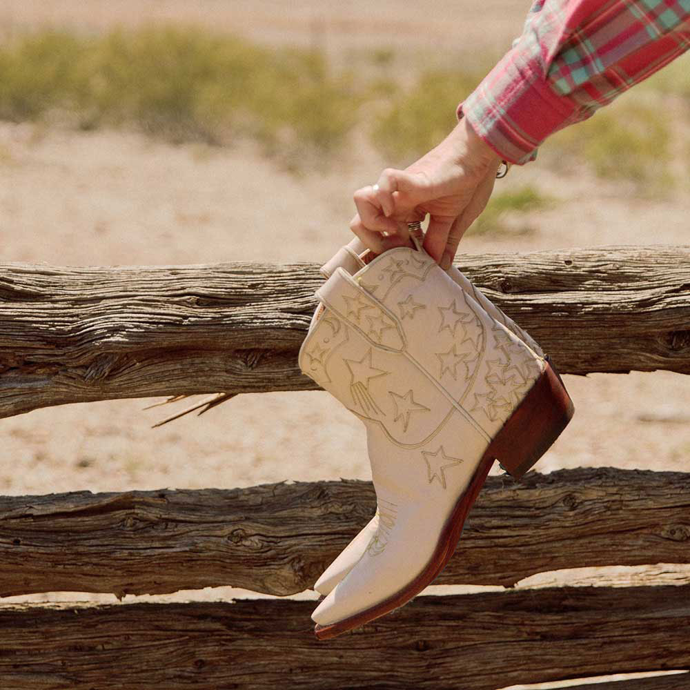 White Snip Toe Cowgirl Boots Stars Inlay Chunky Heel Ankle Boots