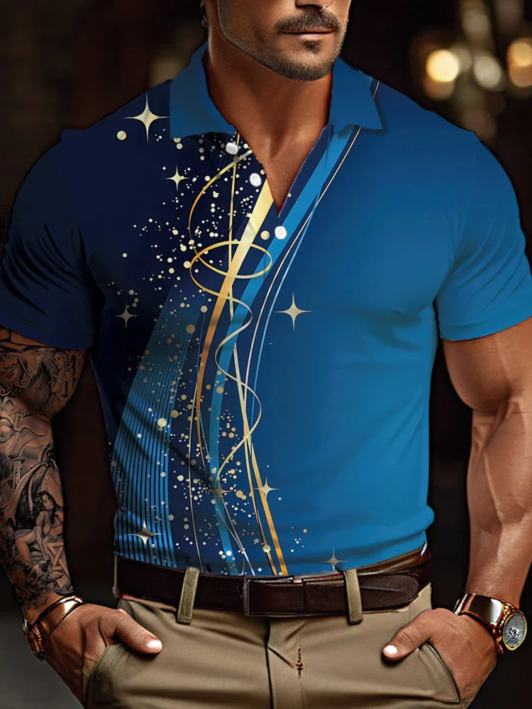 Vintage Gradient Blue And Gold Stripes Pattern Printing Short Sleeve Polo BestDVibe