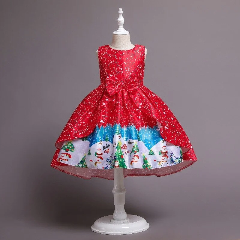 New Children Dress Christmas Catwalk Birthday Party Winter Snowflake Clothing Girls Print Jumpsuit Princess Skirt