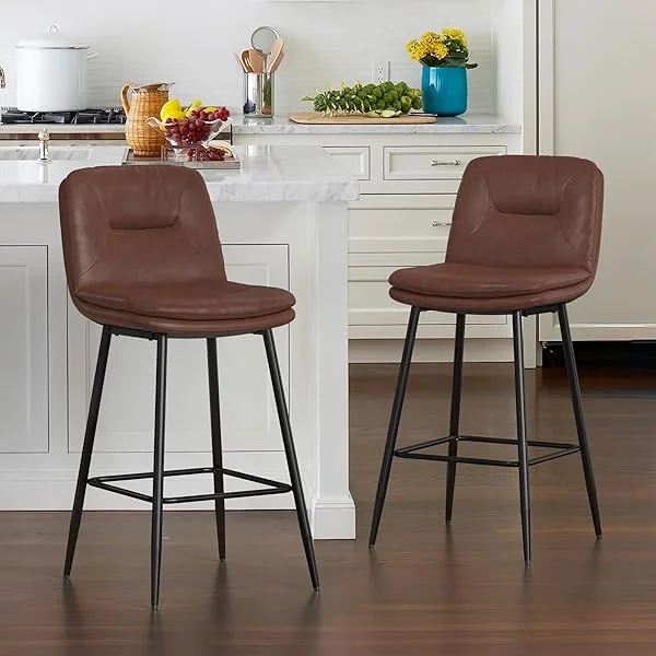 26 Inch Bar Stools Set of 3, Double-Layer Upholstered Counter Height Bar Stools for Kitchen Island, Faux Leather Barstools with Back and Footrest, Armless Barstool Chairs, Light Beige Gray 26 in Light Beige Gray 3