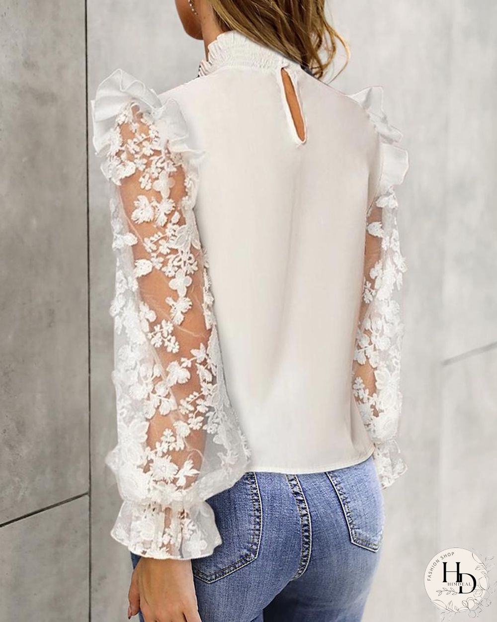 Mesh Lace Insert Ruffles Hem Blouse P13440