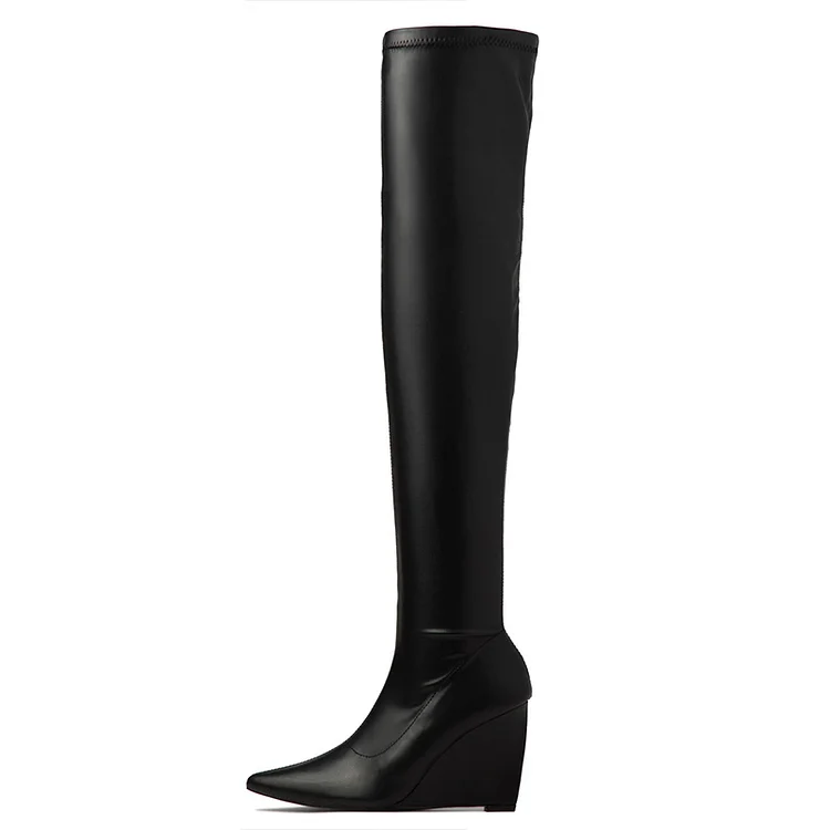 Woman's Full Black Pointed Toe Heels Classic Wedge Thigh High Boots |FSJ Shoes