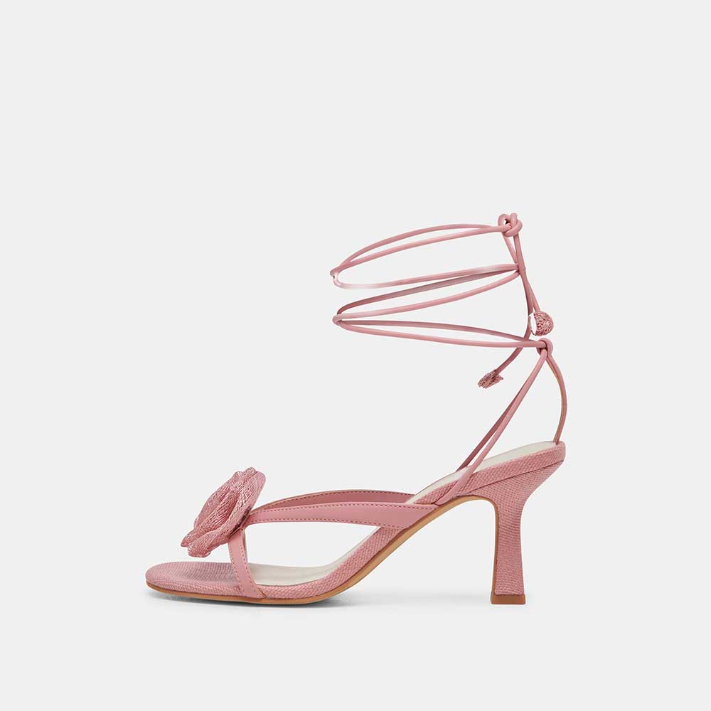 Pink Textile Round Toe 3'' Kitten Heel Rose Lace-Up Sandals for Women Nicepairs