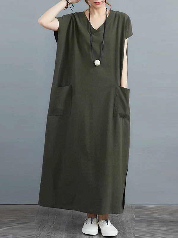 Simple Ramie Cotton Solid Color Split-Side With Pocket V-Neck Short Sleeves Maxi Dress