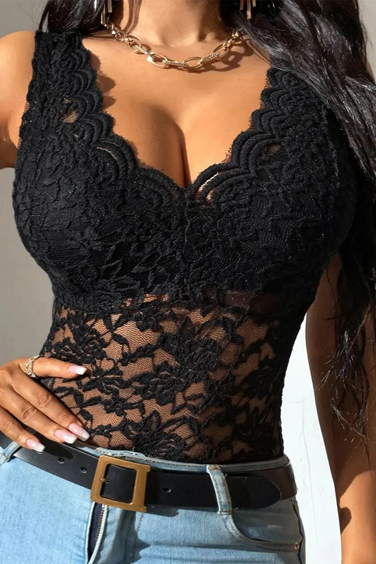 Plus Size Party Black V Neck See Through Lace Tank Tops [Pre-Order] 2024 - Xpluswear