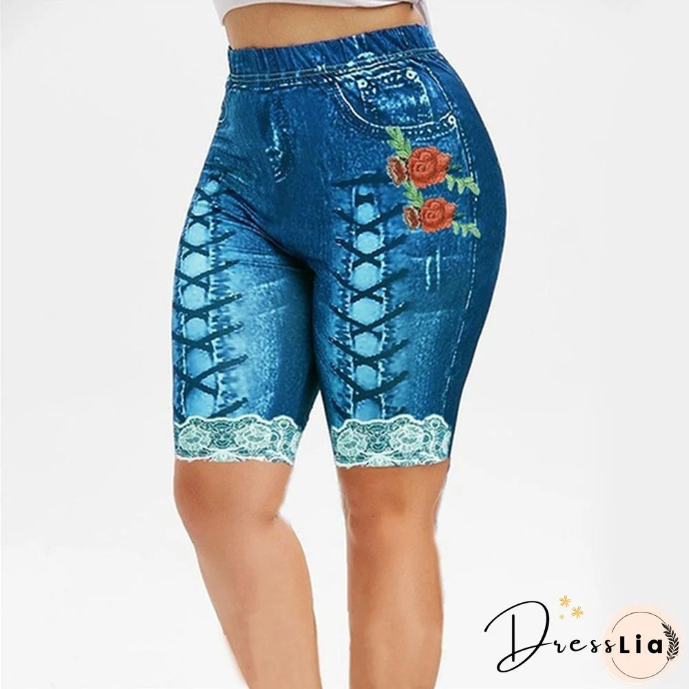 Women Lace Up Floal Print Faux Faux Denim Shorts Casaul Slim Fit Capri Shorts Leggings