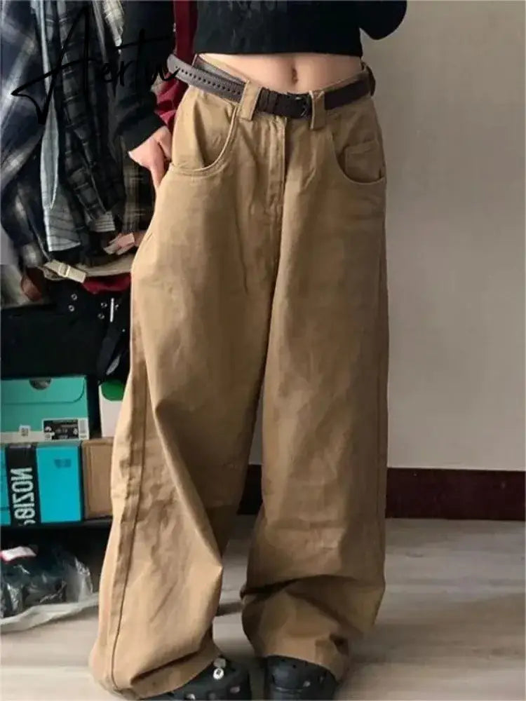 Aiertu Y2k Vintage Brown Woman's Cargo Jeans Oversize Japanese 2000s Style Spring Trousers Harajuku Korean Wide Denim Pants Aiertu