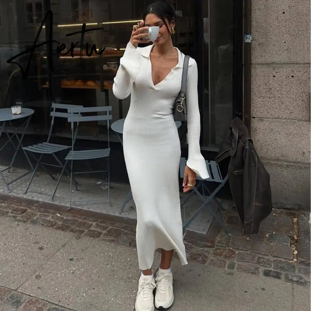 Fall Winter Long Sleeve Knitted Sweaters Dress for Women Elegant Outfits Deep V Neck Maxi Dresses Jersey Clothes Aiertu