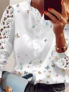 Women's Blouse Shirt White Butterfly Ruffle Button Long Sleeve Casual Daily Streetwear Elegant Casual V Neck Regular Butterfly S / Print-KZyou