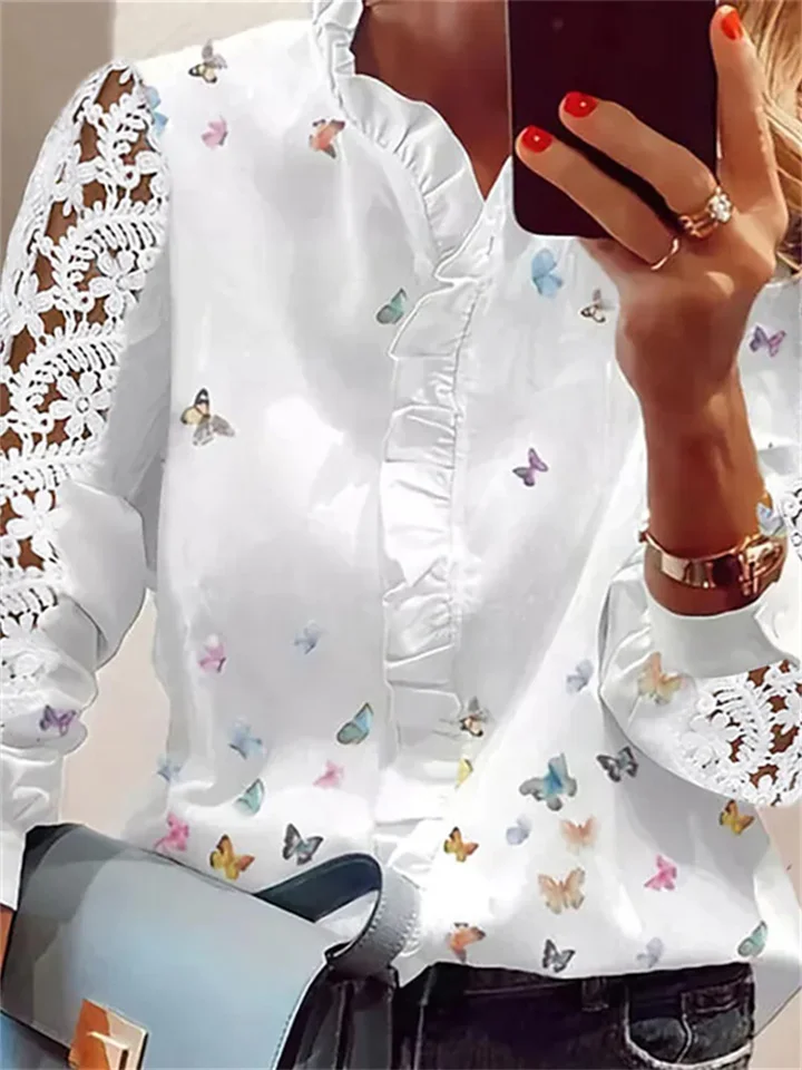 Women's Blouse Shirt White Butterfly Ruffle Button Long Sleeve Casual Daily Streetwear Elegant Casual V Neck Regular Butterfly S / Print