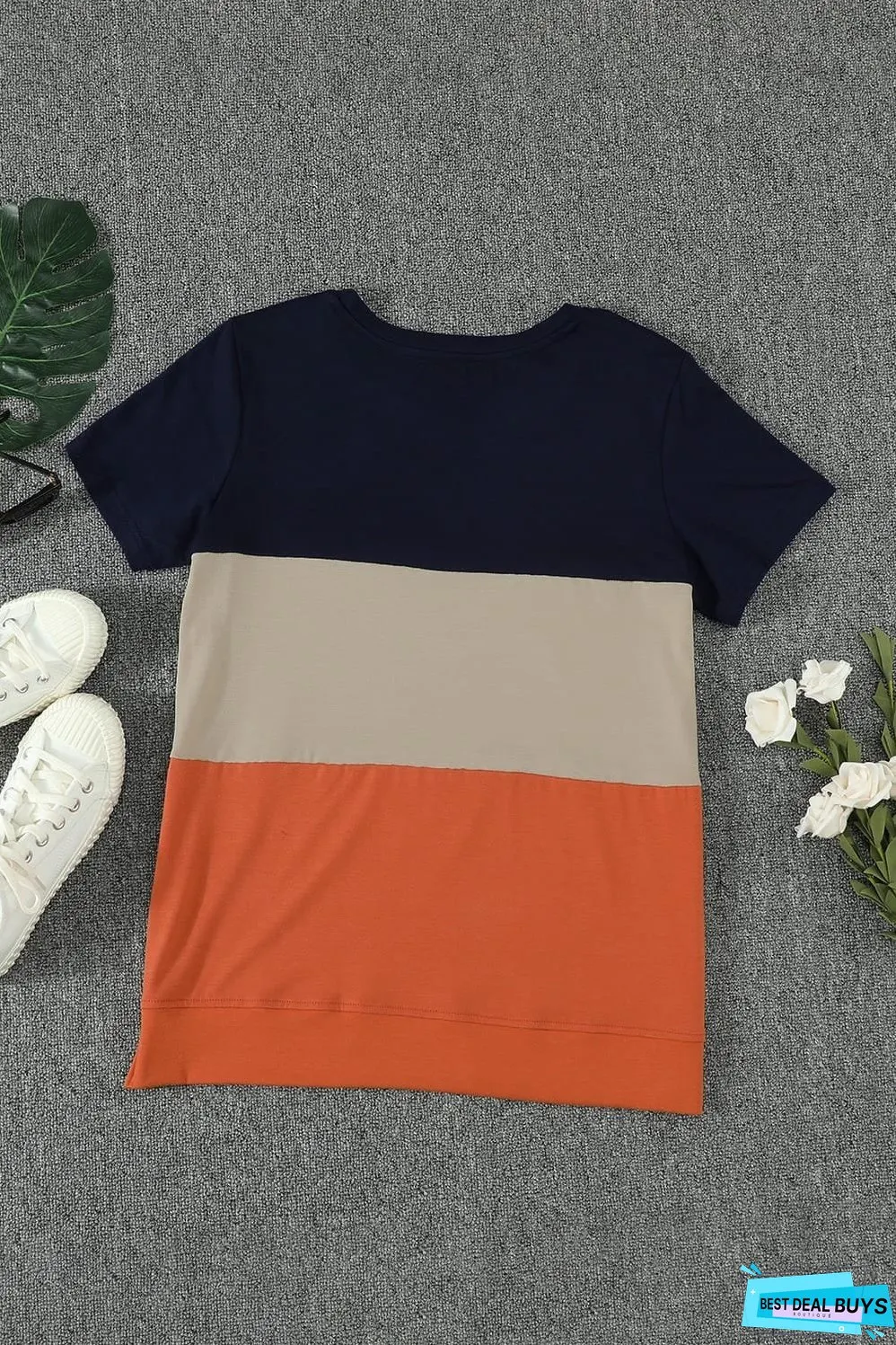 Women's Orange Contrast Colorblock Short Sleeve Casual T-shirt