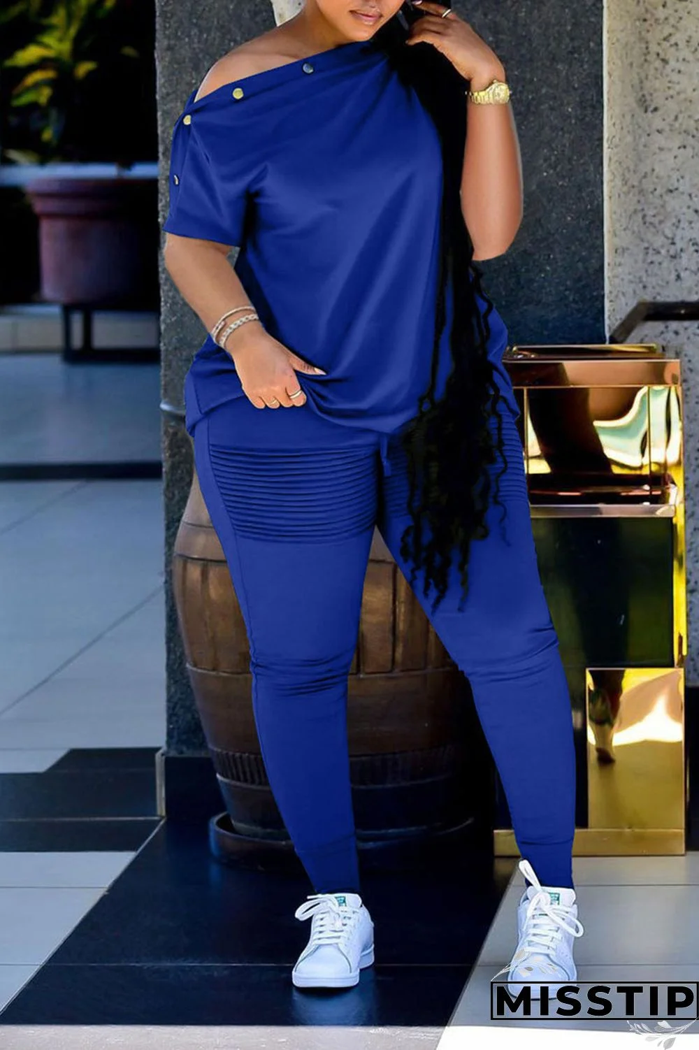 Black Casual Solid Patchwork Oblique Collar Short Sleeve Two Pieces