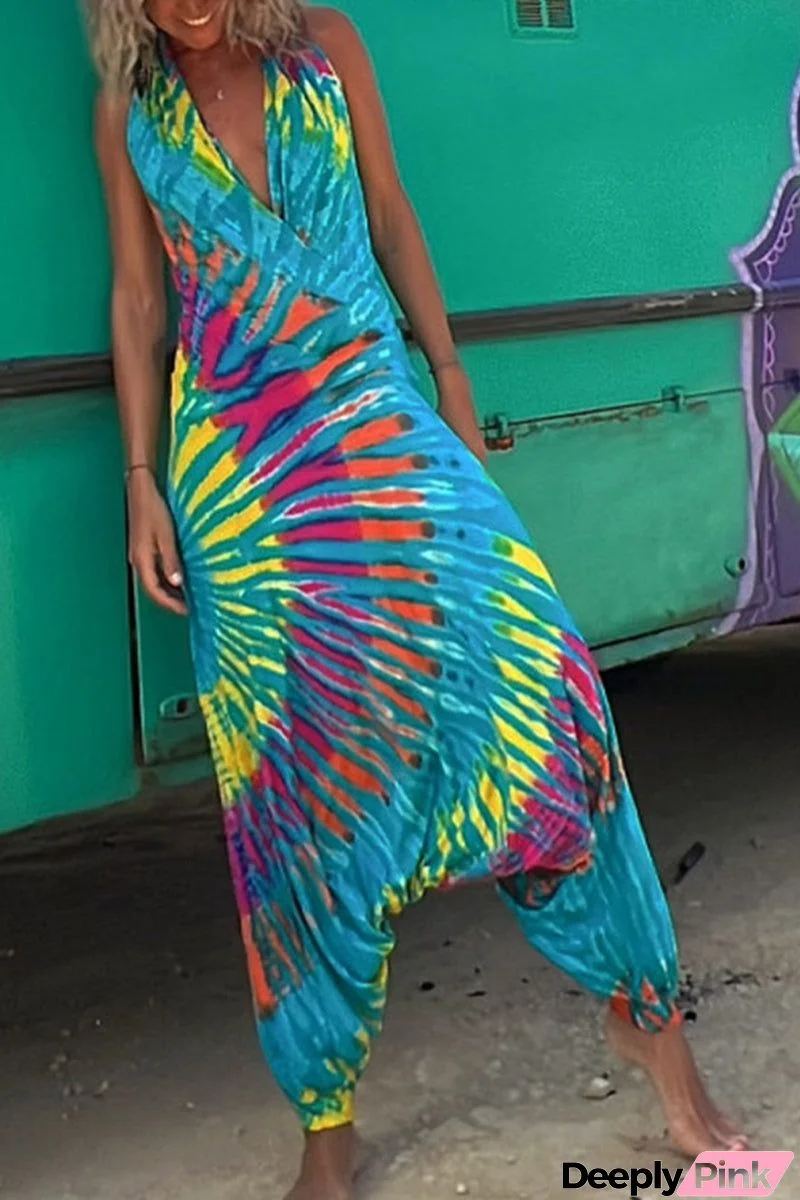 Casual Print Backless Halter Loose Jumpsuits