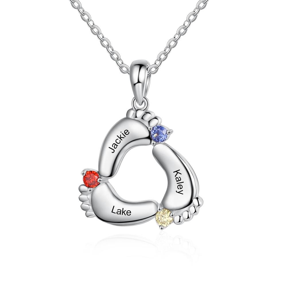Baby Feet Necklace with 3 Birthstones Family Necklace for Mother