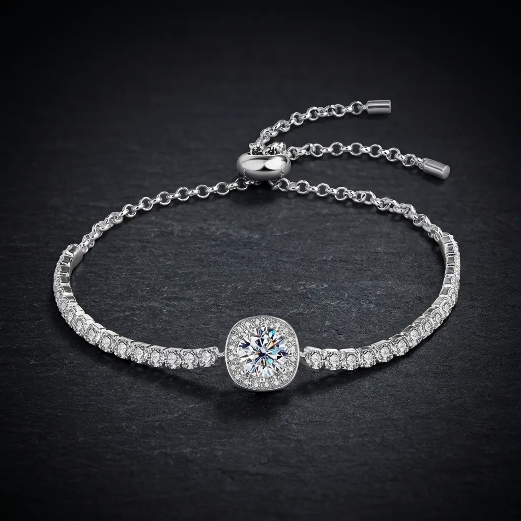 JiStones 1ct Cushion-Cut Moissanite Halo Bracelet in S925 Sterling Silver Eternal White (D Color)-1.0 Carat Center Stone