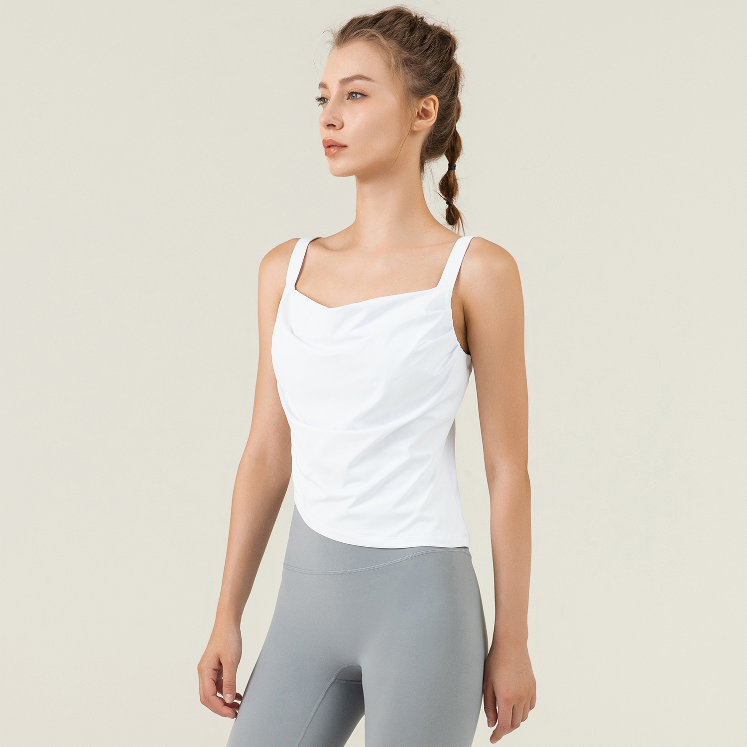 Buy White irregular hem loose polyester comfort gym tank top vest with remobavle cups of high quality on Hergymclothing