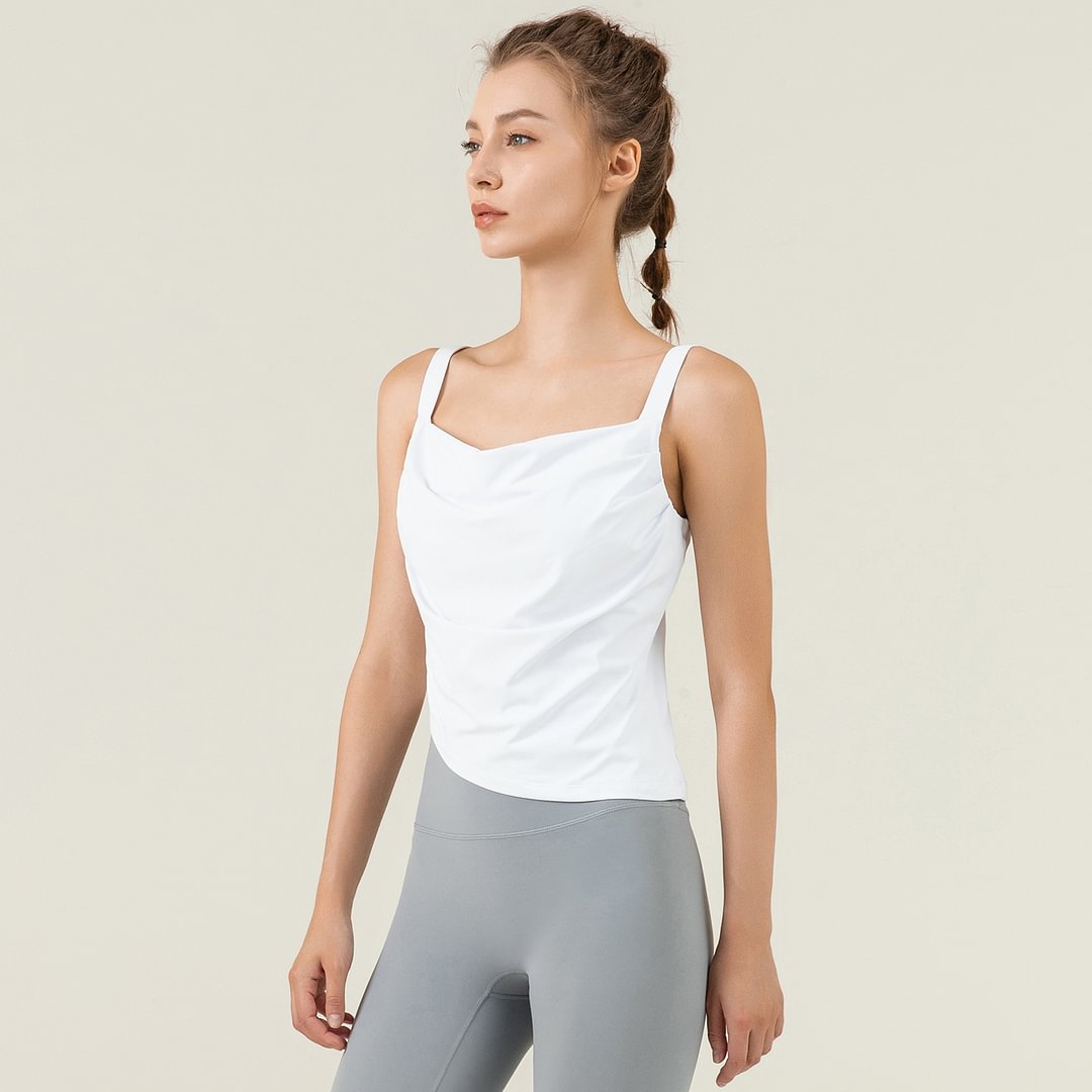 Buy White irregular hem loose polyester comfort gym tank top vest with remobavle cups of high quality on Hergymclothing