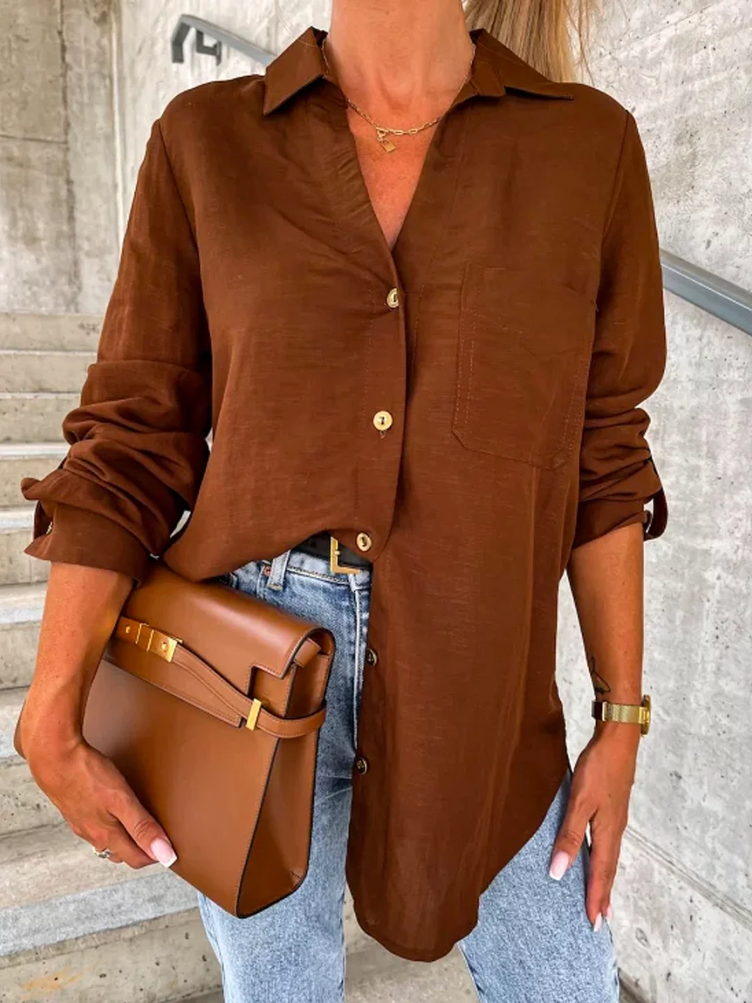 Women Casual Plain Autumn Polyester Micro-Elasticity Daily Loose Regular Shirt Collar Blouse