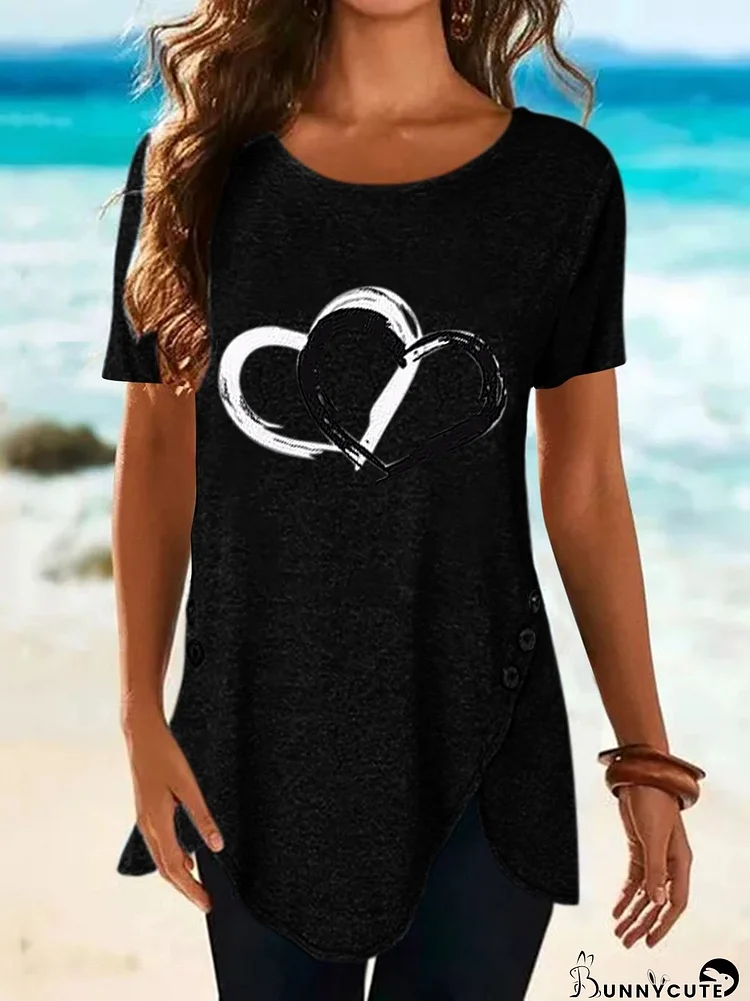 Love Print Button Short Sleeve T-shirt for Women