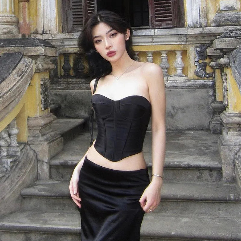 Llyge Women's Vintage Sexy Corset Tube Tops Strapless Backless Solid Color Shapewear Club Party Irregular Hem Bandeau Vest llyge