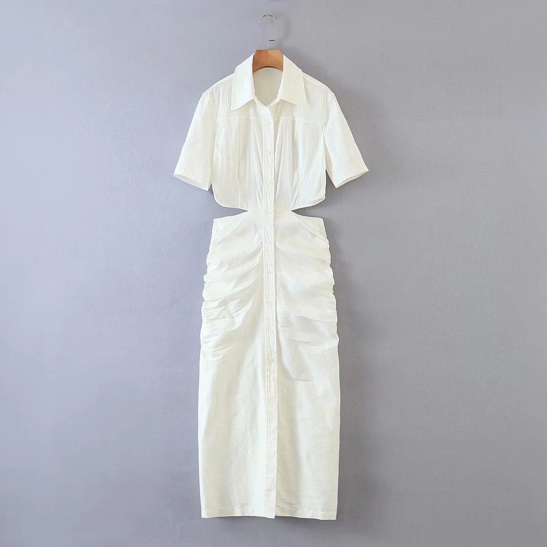 Ueong 2024 New Solid Color Back Hollow Low-Sleeved Dress P5-11178