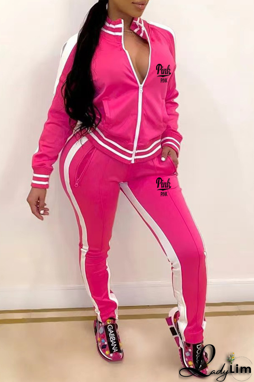 Black Yellow Casual Print Slit Zipper Collar Long Sleeve Two Pieces