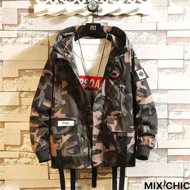 Camouflage Multi-Pocket Hooded Jackets Men Fashion Street Brand Long-Sleeved Home Leisure Trend Port Wind