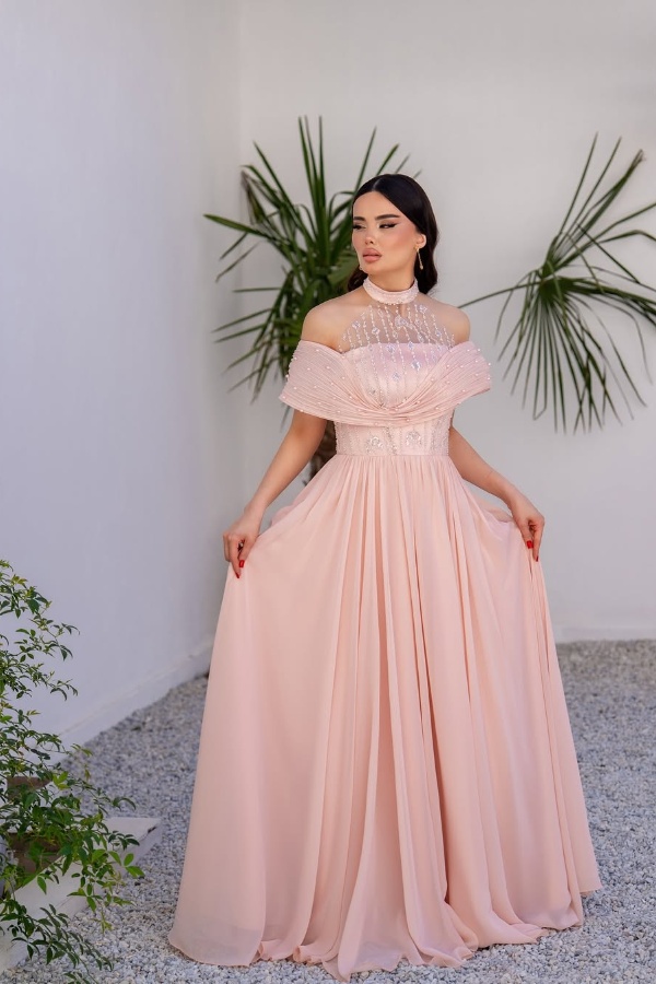 Ovlias Blushing Pink Halter Off-Shoulders Prom Dress Sheer with Rhinestone JQ0060