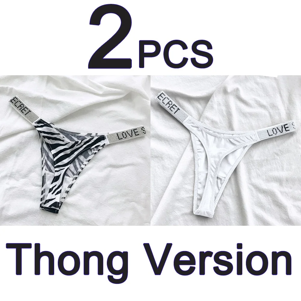 2PCS Sexy Low Waist Panties G String Comfort Satin Underwear Women Rhinestone High Fork Thong Seamless Intimates Lingerie Cotton