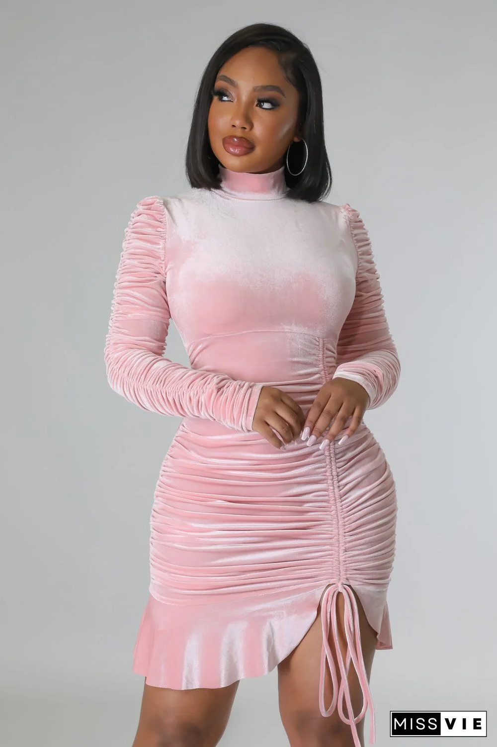 Long Sleeve Drawstring Ruched Winter Dress