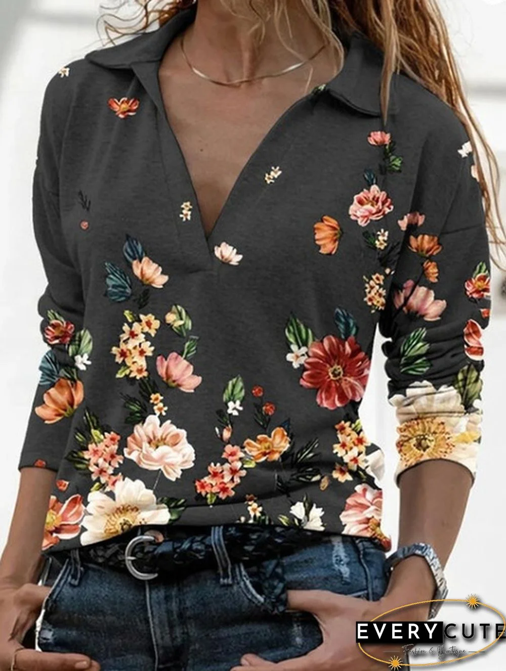 Spring and Autumn Casual Floral Printed Tops Women Fashion Stand Collar Long Sleeve Shirt Pullover Slim Fit Blouses