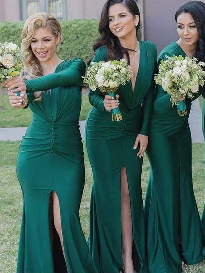 Green Trumpet/Mermaid Deep V Neck Long Sleeves Cheap Prom Dresses With Slit Bridesmaid Dress 