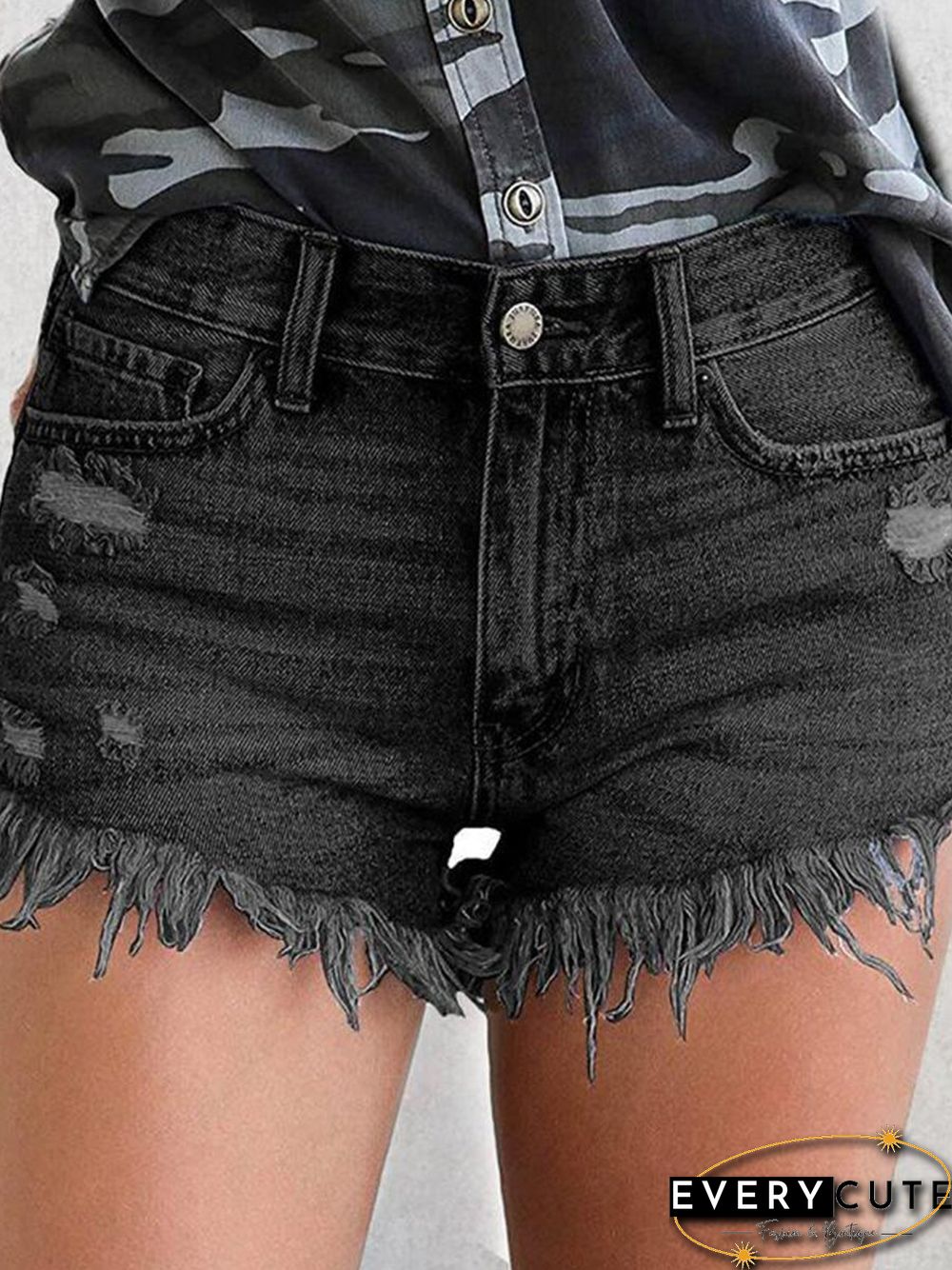 Ripped Fringed Stretch Denim Shorts P14394