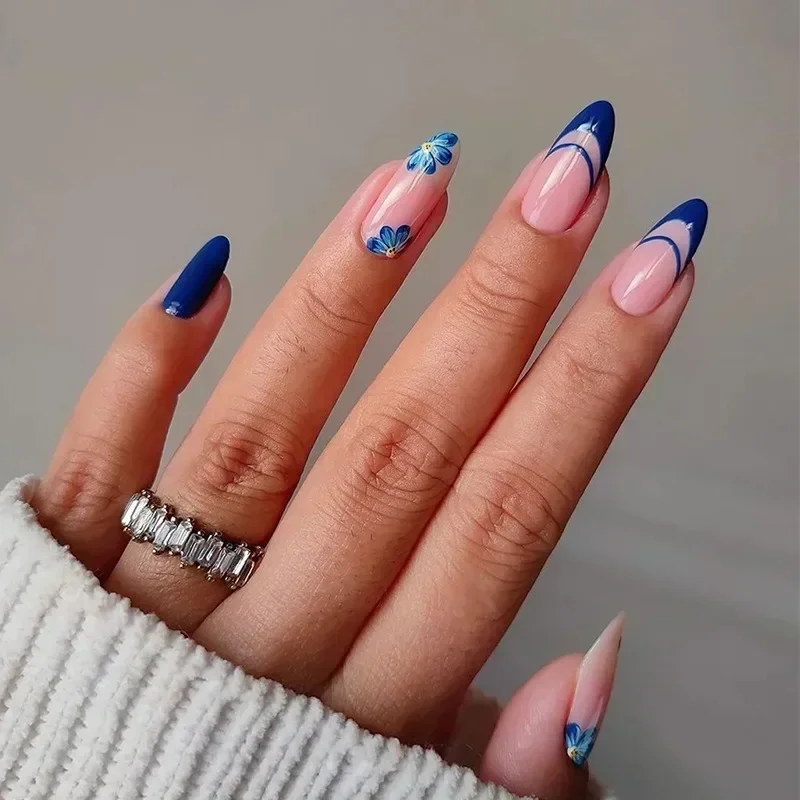 Lidudu French Press on Fake Nails with Flowers Designs Summer Blue Short Almond False Nails Wearable French Full Cover Press on Nails