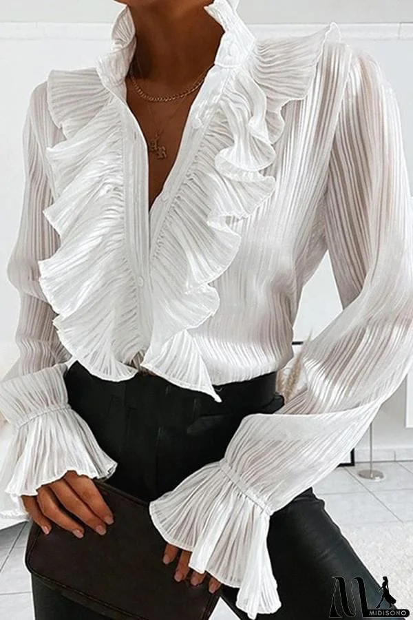 MidiSono - V-neck Ruffled Long-sleeved Shirt