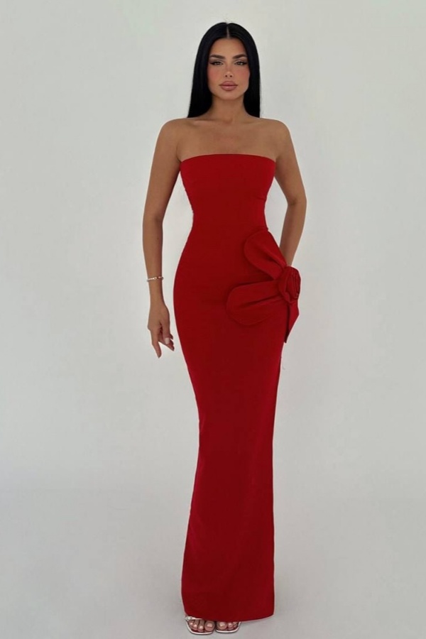 Strapless Split Charming Red Handmade Flower Slim Fit Prom Dress | ZT0766