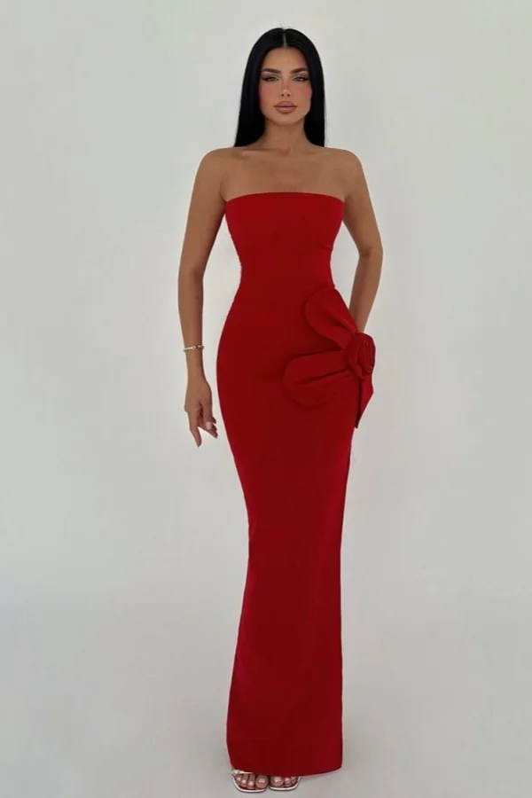 Charming Red Strapless Split Handmade Flower Slim Fit Prom Dress ZT0766
