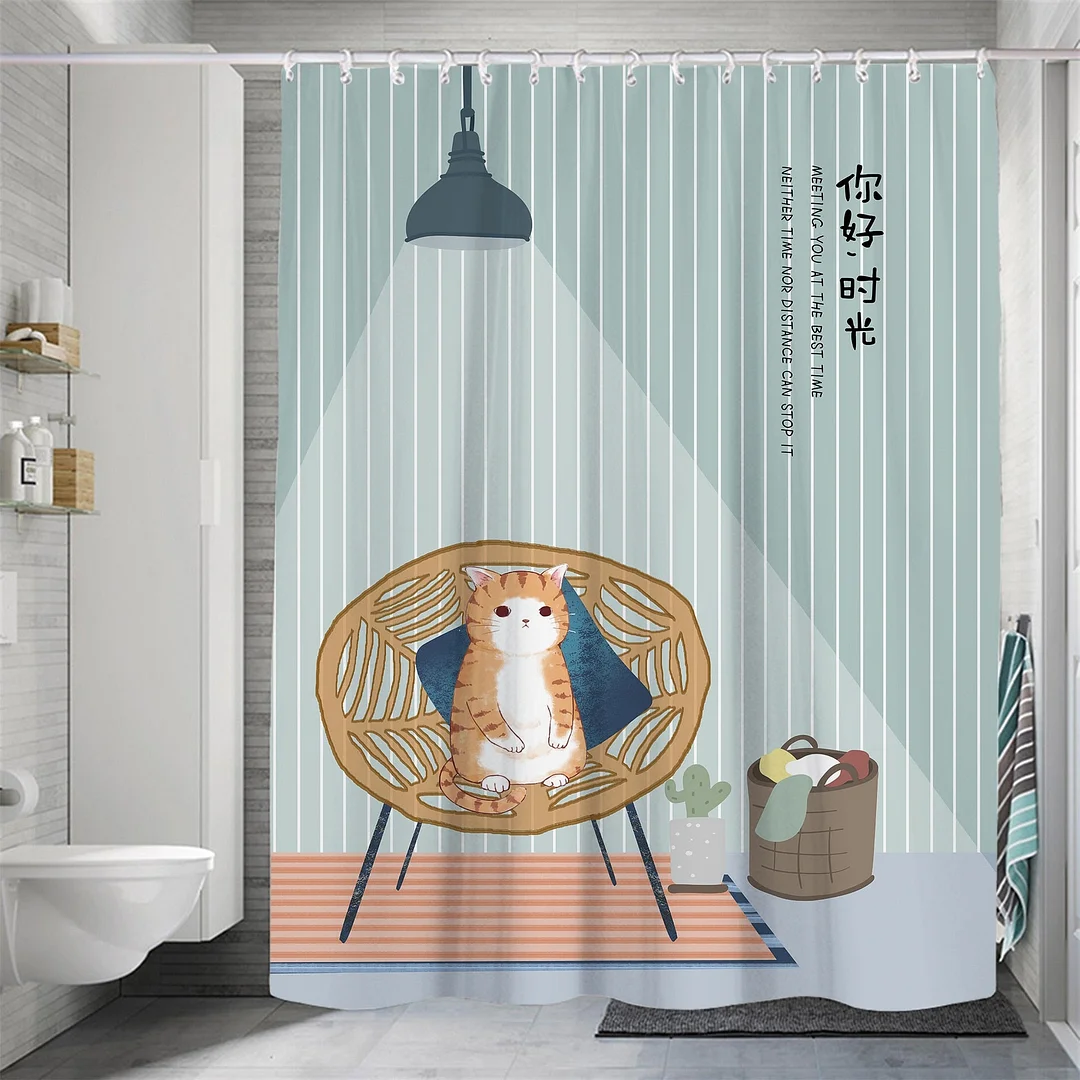 Modern Small Fresh Shower Flower Cat Shower Curtain Polyester Frabic Waterproof Polyester Bathroom Curtain with Hooks Home Decor
