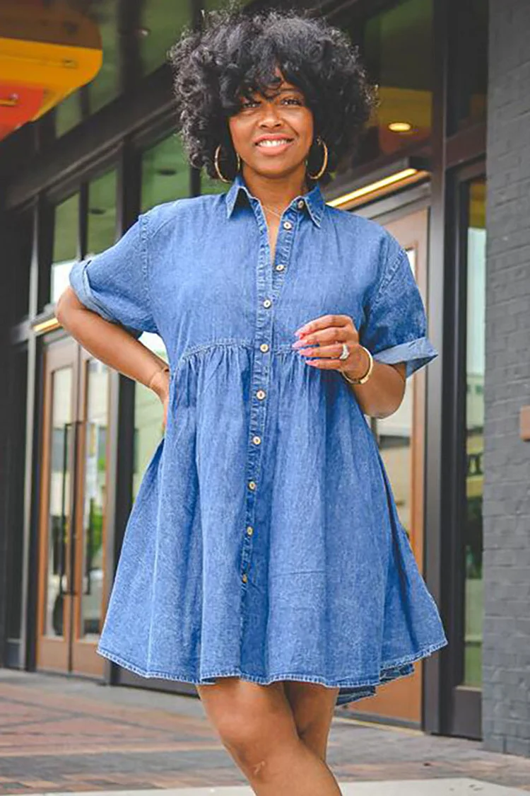 Denim Button Up Short Sleeve A-Line Loose Fit Pleated Casual Mini Dresses