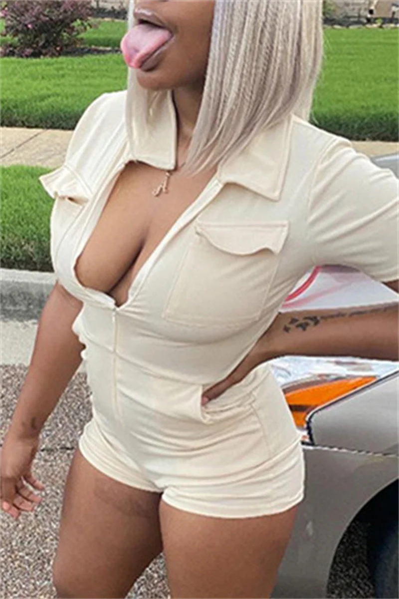 Fashion Casual Solid Patchwork Turndown Collar Skinny Romper