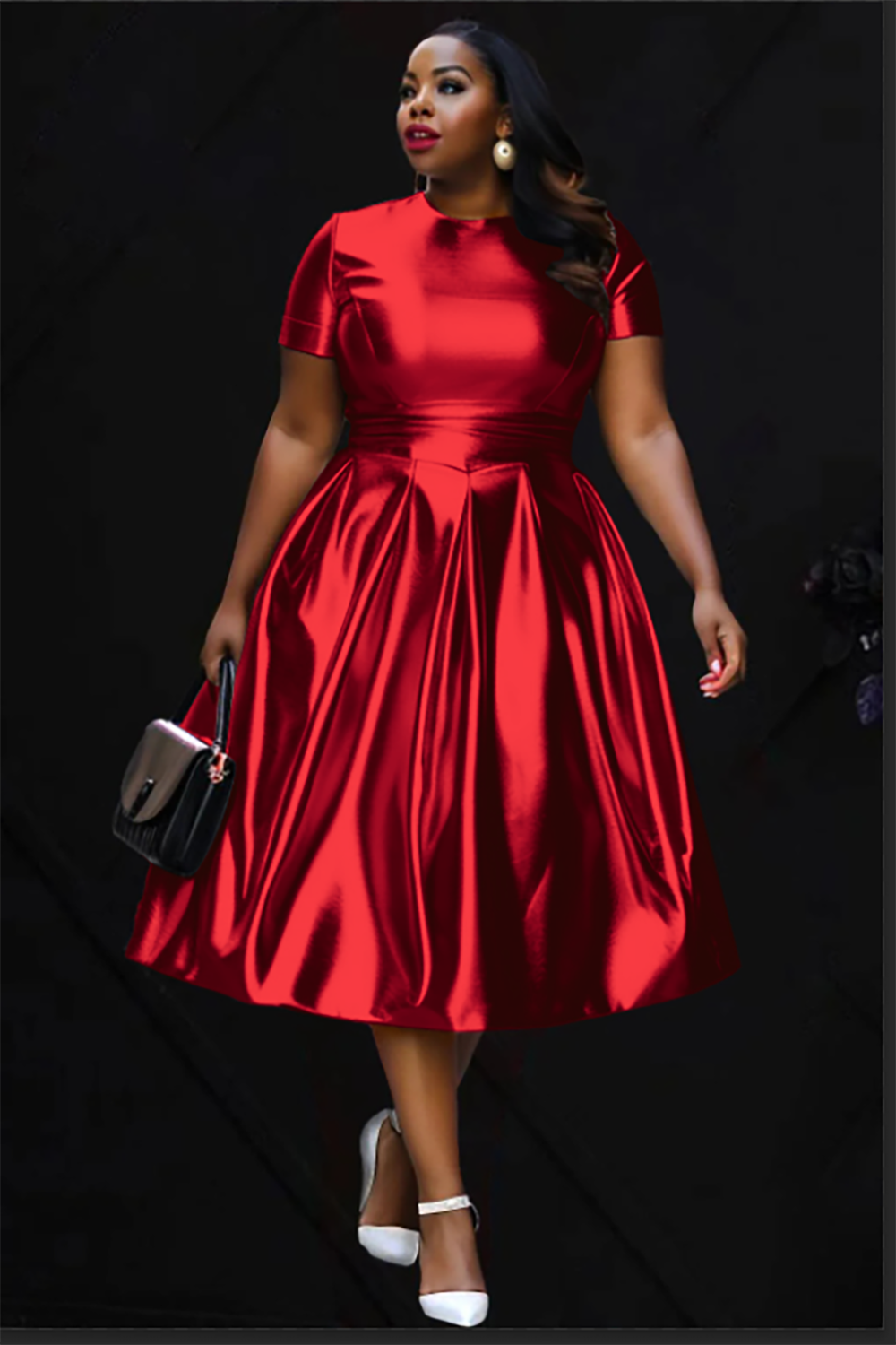 Design Plus Size Party Midi Dresses Elegant Red Fall Winter Crew Neck Short Sleeve Fold A-Line Metallic Glitter Fabric Midi Dresses