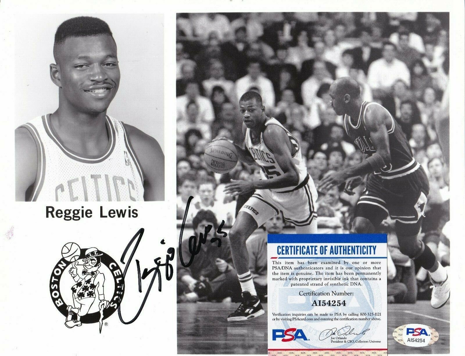 REGGIE LEWIS BOSTON CELTICS PSA AUTHENTICATED ACTION SIGNED 8x10