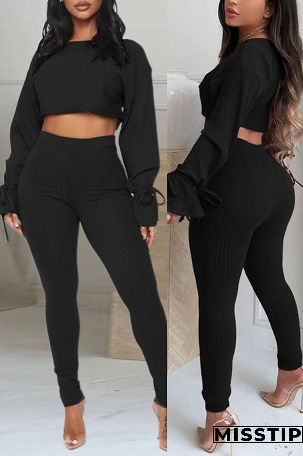 Black Casual Solid Patchwork O Neck Long Sleeve Two Pieces