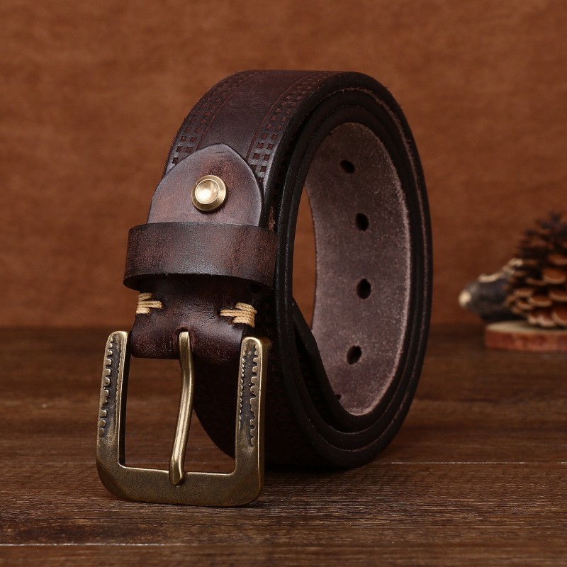 5.5mm Extra Thick Vintage Embossed Copper Buckle Leather Belt Jeans Biker Style Belt DANRRIO.COM DANRRIO