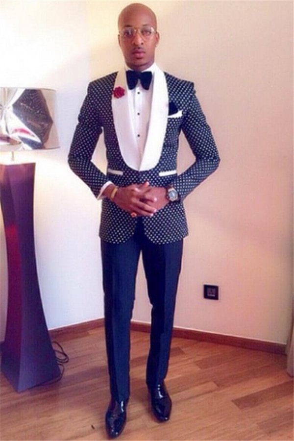 Unique Polka Dot With One Button Shawl Lapel Navy Blue  Prom Suit For Guys | Ballbellas Ballbellas