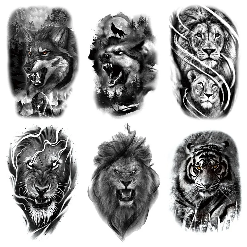 Sdrawing Forest King Animal Tattoo Sticker for Men Tiger Skull Skeleton Fake Tattoo for Women Wolf Tattoo Temporary Waterproof