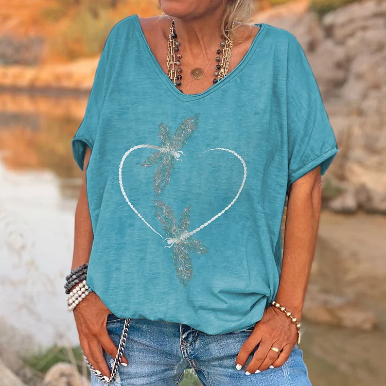 Two Dragonflies Printed V-neck Women's T-shirt