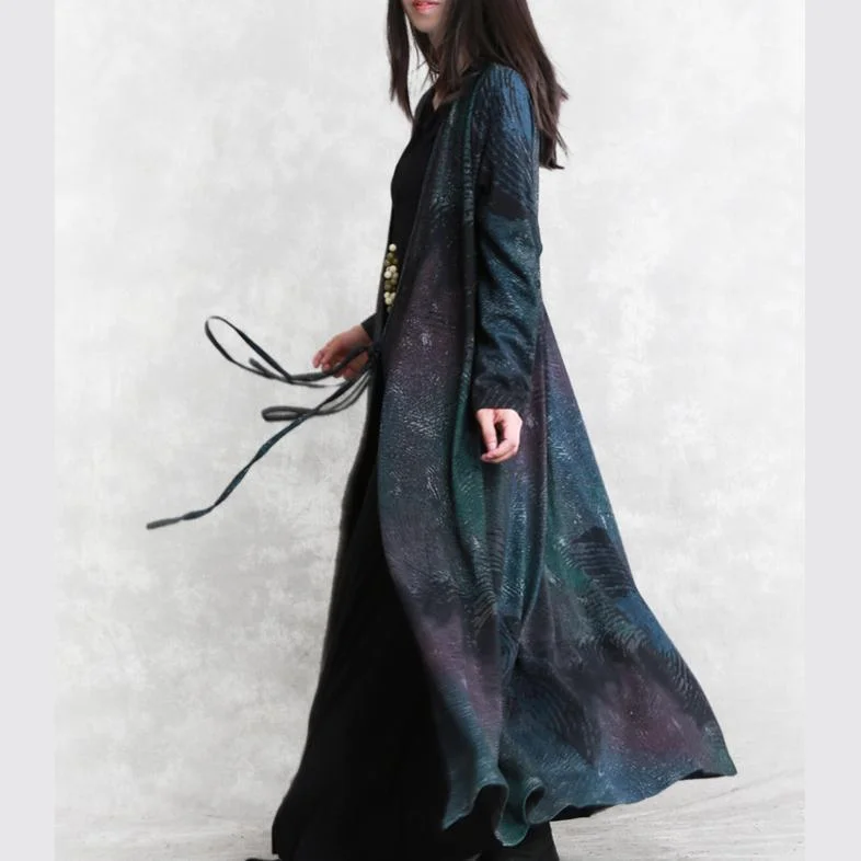 fine blue print fall dress trendy plus size v neck tie waist tunic caftans Fine long sleeve pockets maxi dresses