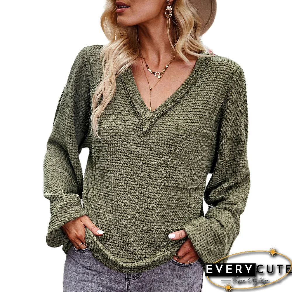 Army Green V Neck Waffle Pocket Long Sleeve Tops